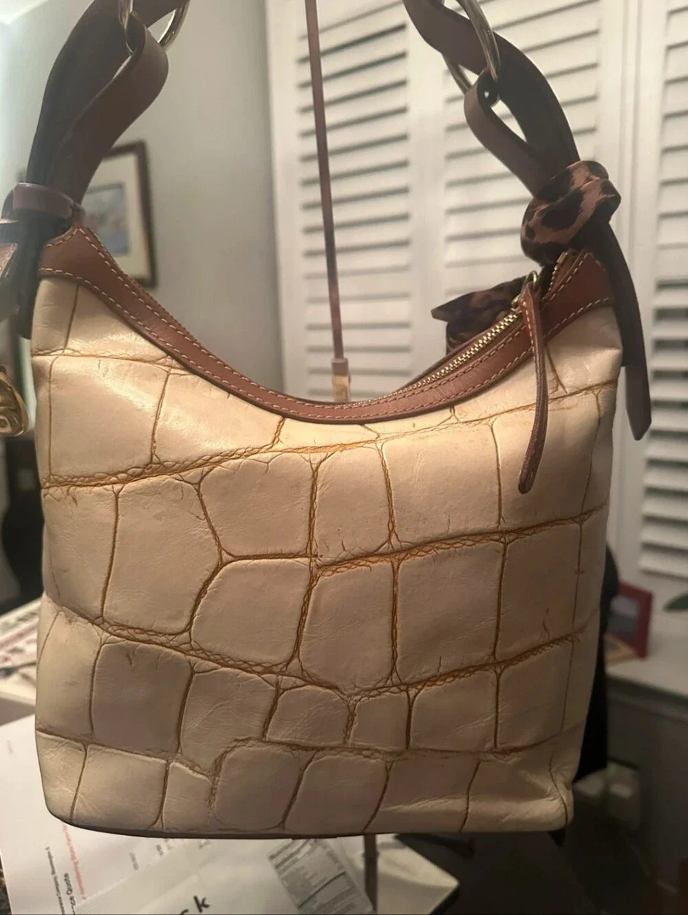 Dooney & Bourke Vintage Cream Colored Croc Embossed Leather Hobo